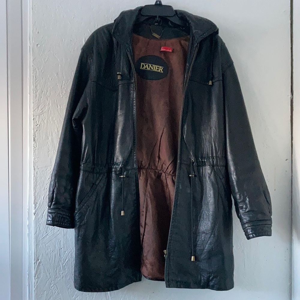 Vintage 80s 90s Danier Leather Black Leather Coat with Thermal Insulation & Hood